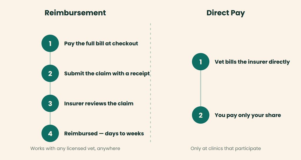 Diagram comparing reimbursement and direct pay pet insurance claims